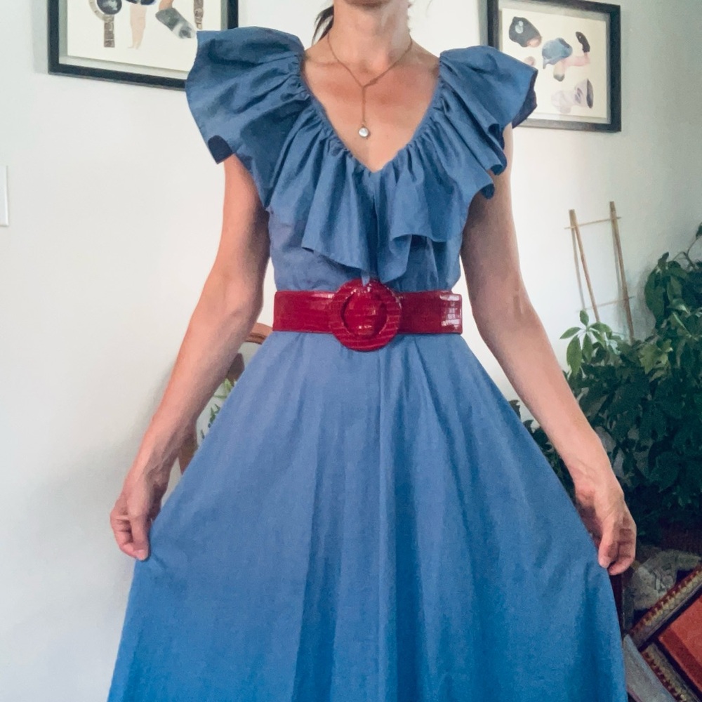 Blue Ruffle V-Neck Midi Dress with Red Statement Belt
